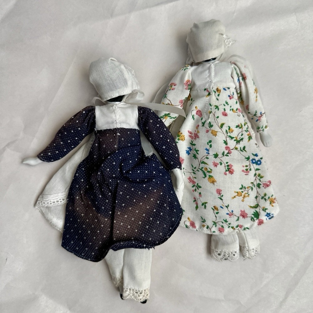 2 Vtg Porcelain Country Doll blue dot / Floral dress dollhouse 8.5" **read - Picture 7 of 10